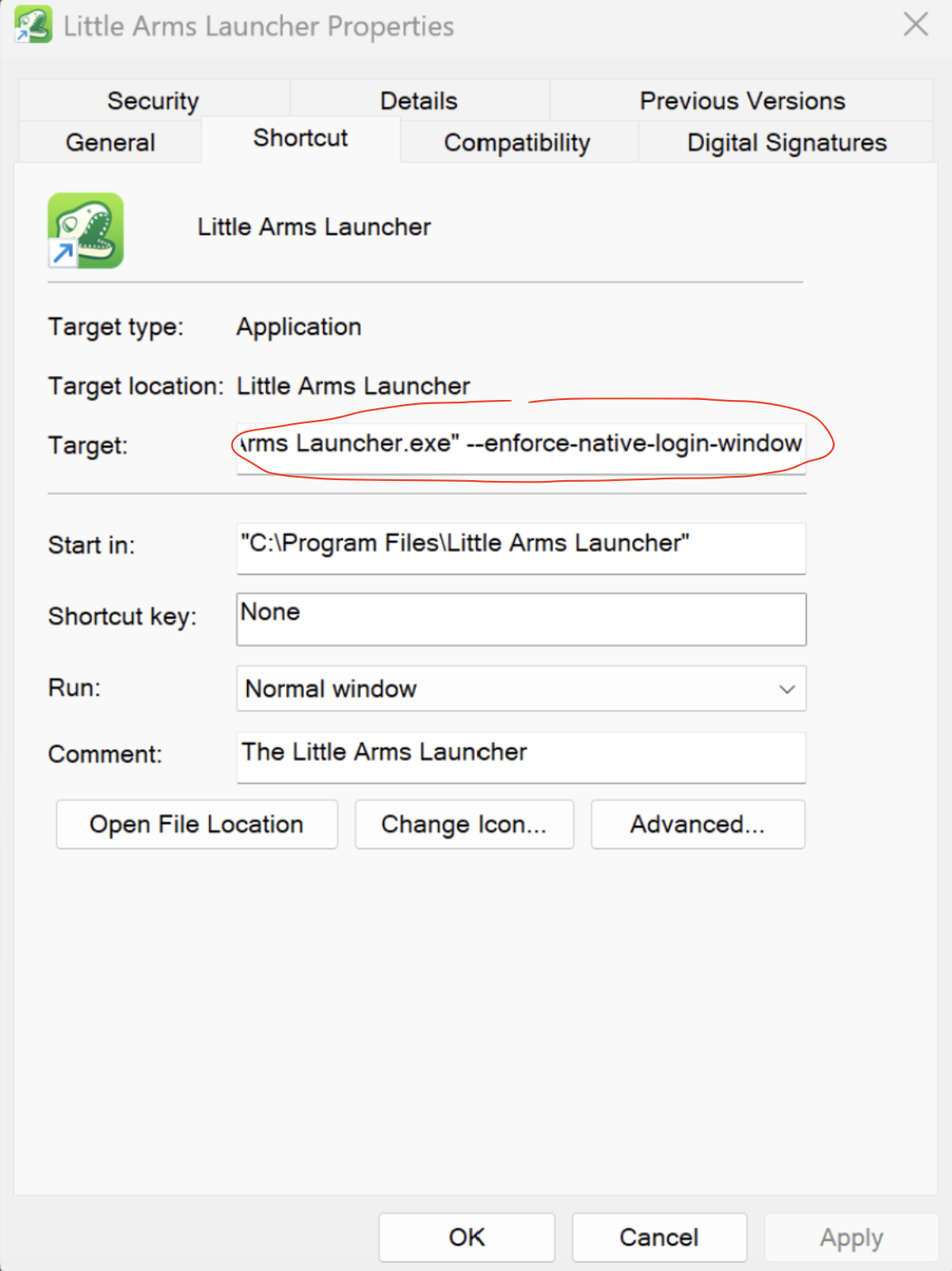 Little Arms Launcher Properties window