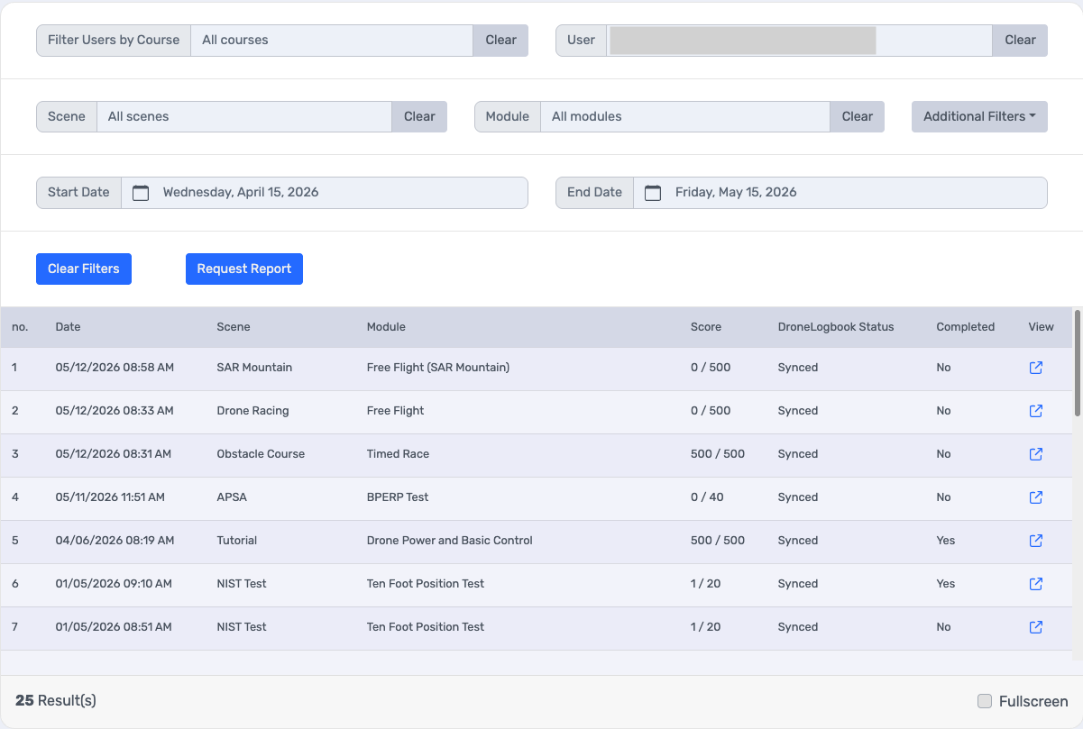 Reports Page with User Selected